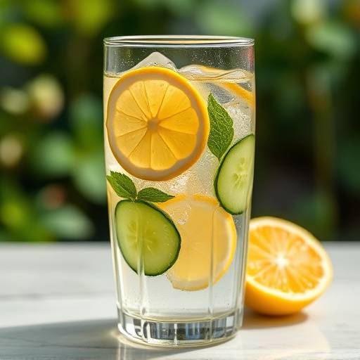 A clear glass of water with slices of lemon and cucumber