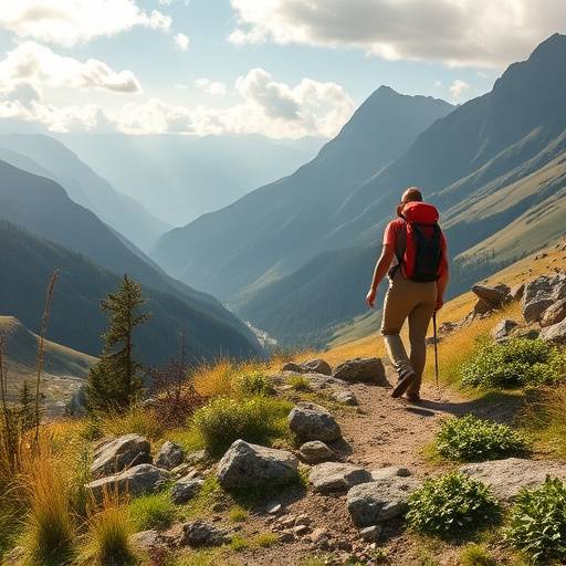 A person joyfully hiking in a lush green mountain landscape, representing a healthy and active lifestyle