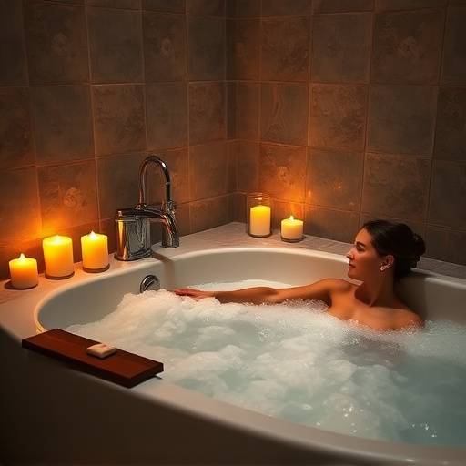 A person relaxing in a bathtub with candles
