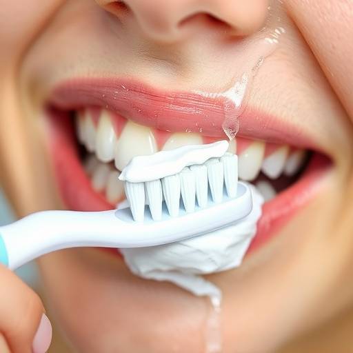 Close-up of someone brushing their teeth with a toothbrush and toothpaste.
