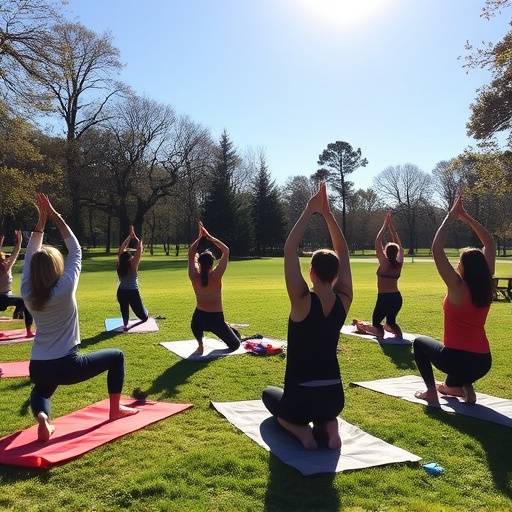 People practicing yoga outdoors in a park
