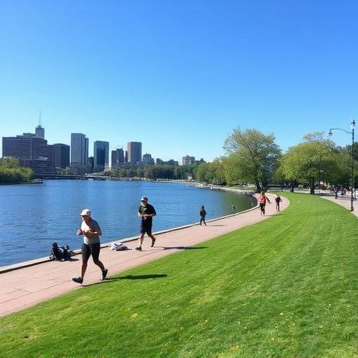 Person jogging along the Charles River Esplanade in Boston