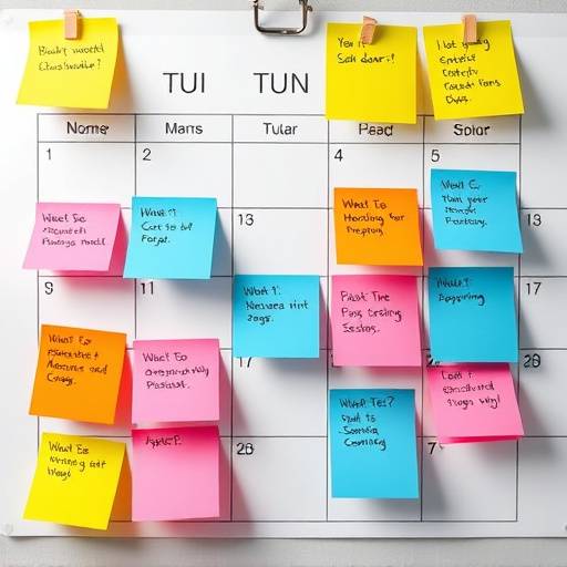 Person organizing their calendar with colorful sticky notes